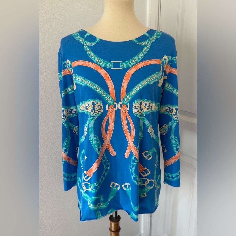 J. McLaughlin Riley Equestrian Raw Edge 3/4 Sleeve Top Soft Lightweight Lg *SPOT